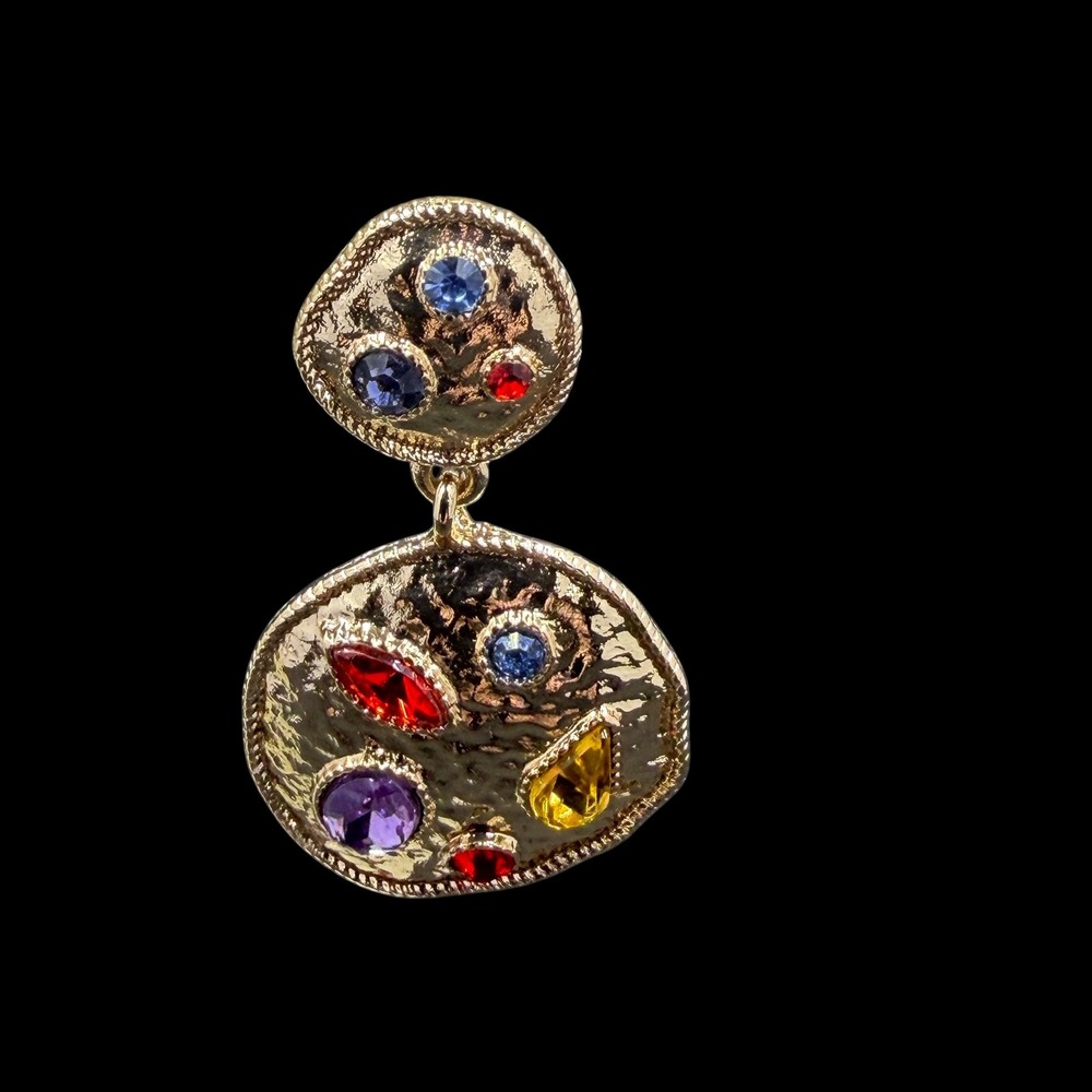 Charming Charlies Gold Hammered Statement Drop Earrings Multicolor‎ Gem Boho NWT - Picture 3 of 5